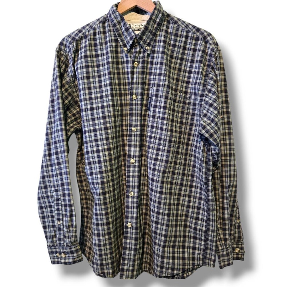 Columbia button up shirt Mens Large Grey plaid long-sleeve 100% Cotton